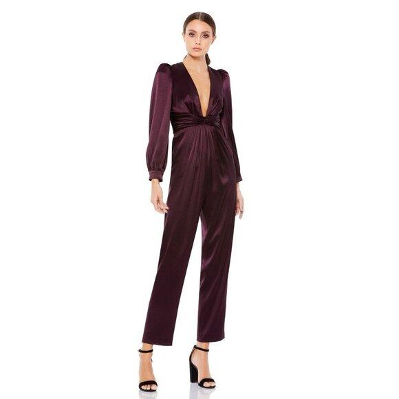 MAC DUGGAL Size 14 Plum 2647 Front Twist V-Neck Long Puff Sleeve Jumpsuit New - Picture 1 of 10
